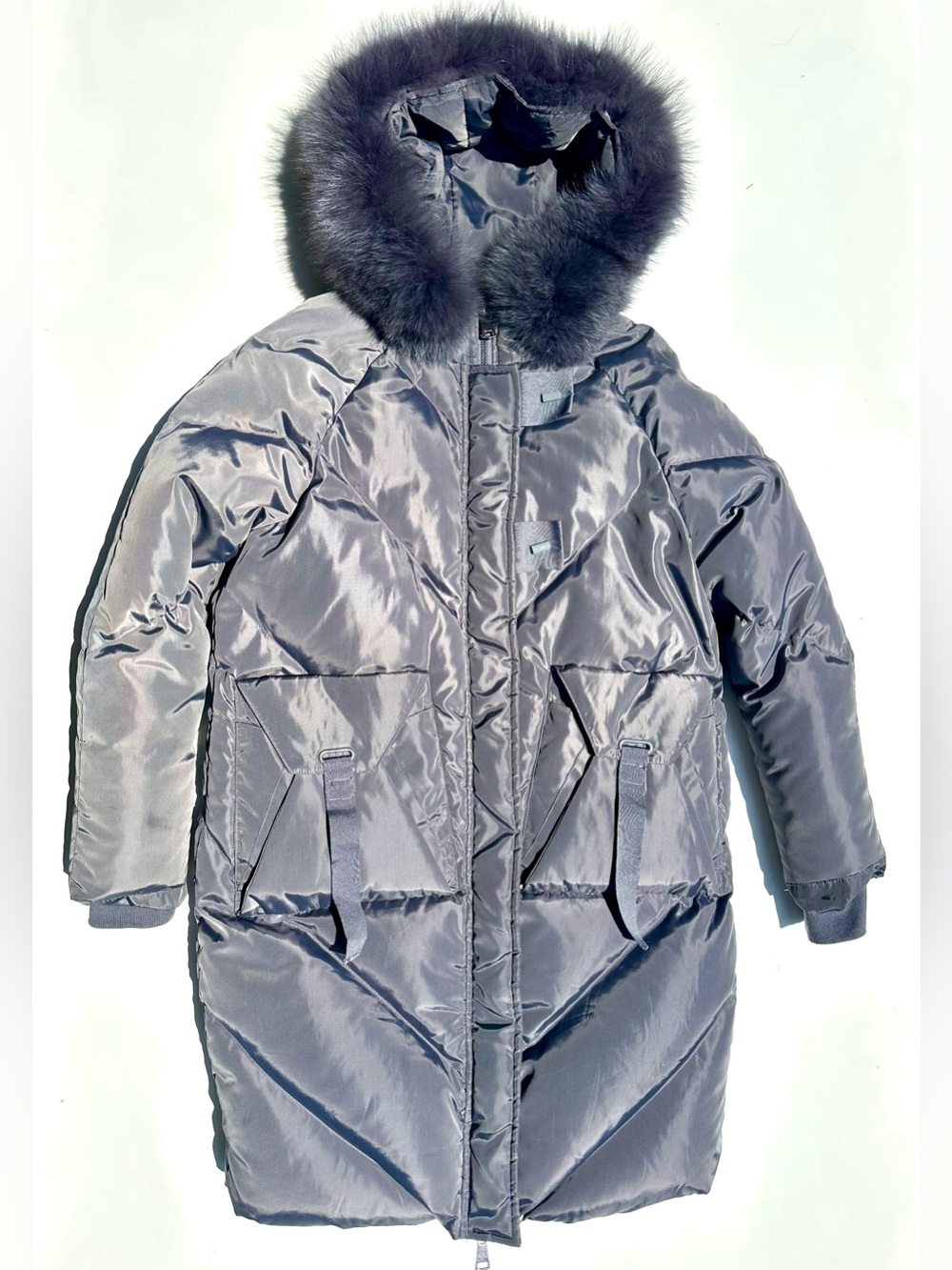 Zow Zow Genuine Fox Fur Trim Down Fill Long Puffer Coat Jacket Hood Gray Navy 00